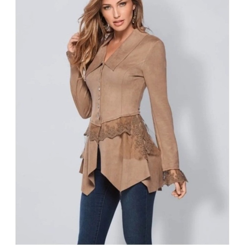 Venus Faux Suede Lace Trim Button Front Jacket Brown Collared Stretch Plus Sz 3X